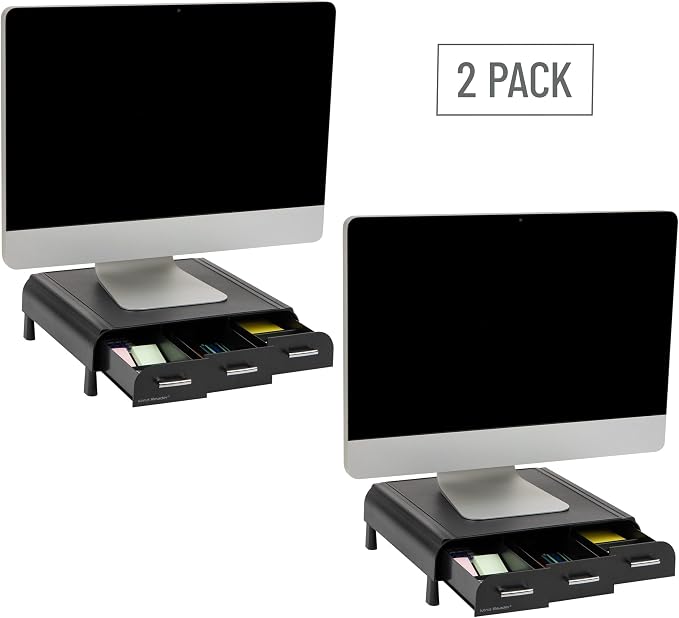 Mind Reader Monitor Stand, 3 Storage Drawers, Desktop Organizer, Riser, Office, 13.5"L x 13"W x 4"H, Set of 2, Black