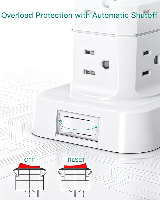 Surge Protector Power Strip Tower, 10FT Extension Cord with Multiple Outlets(12 AC Outlets), Slim Flat Plug, 1875W/15A Overload Protection, Office Desk Supplies, Dorm Room Essentials