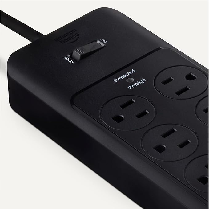 Amazon Basics 12-Outlet Surge Protector Power Strip, 4000 Joules, 8ft Extension Cord, Rectangle, for Home, Office, Gaming Room, Black (Pack of 2)