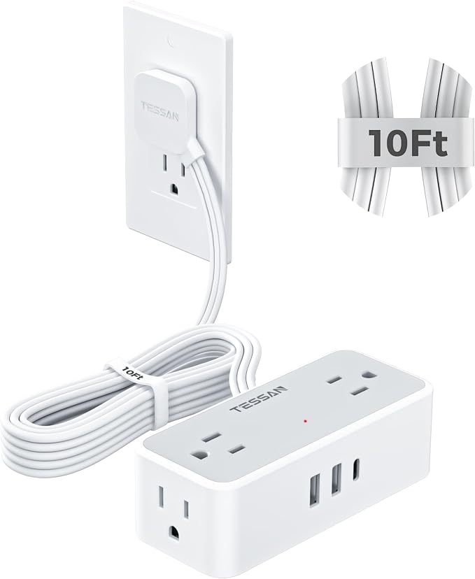 TESSAN Flat Plug Extension Cord 10 FT, Surge Protector Power Strip with 4 AC Outlets 1 USB C and 2 USB A Ports, 900 Joules Protection, Multiple Wall Outlet Extender Suitable for Office Dorm, Grey