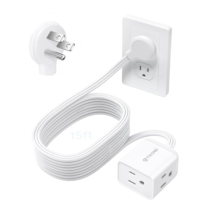 TROND Flat Extension Cord 15ft - Left Angled Flat Plug Power Strip, ETL Listed, 3 Plug Extension Outlets, Three Prong, SPT 16/3 Gauge, 13A, Compact for Tight Spaces Indoor Home Office Kitchen, White