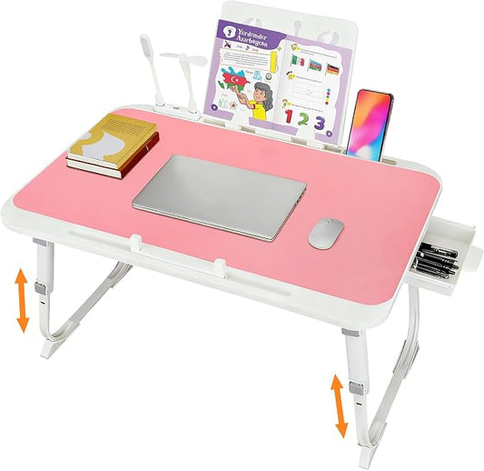 Laptop Desk for Bed, Adjustable Height Laptop Bed Table, Foldable Lap Desk with USB Charge Port, Desktop Card Slot, Side Drawer, Book Shelf, Portable Lap Tray for Eating Reading Working Sofa & Floor