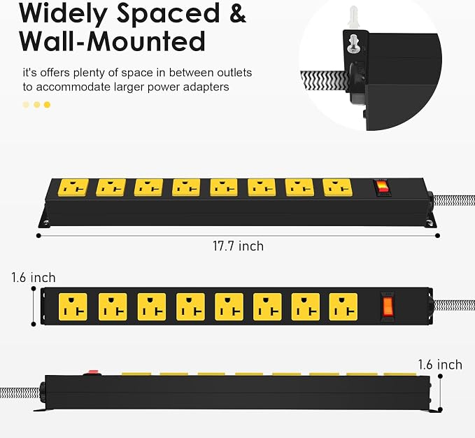 20 Amp Heavy Duty Power Strip, 8 Outlets 12AWG Extension Cord 6-20/T- Slot Plug 1200J Surge Protector with Switch, Wall Mount Metal Outlet for Industrial Shop Workbench Garage (5-15 Plug, 3 FT)