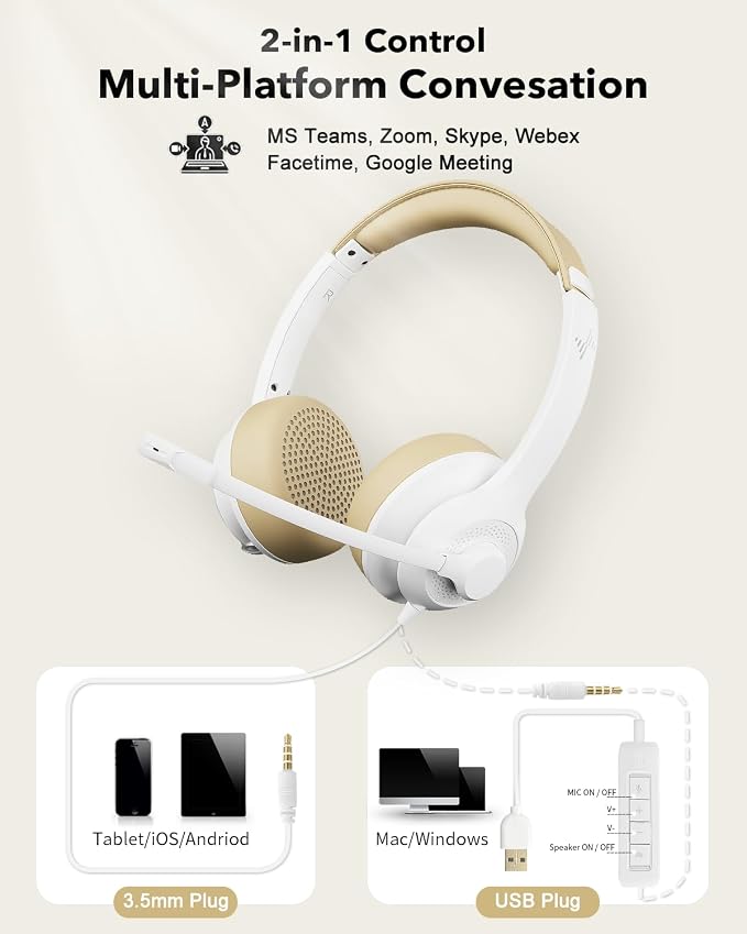 JIAMQISHI USB Headset with Microphone for PC, On-Ear Computer Laptop Headphones with Noise Cancelling Mic in-line Control for Home Office Online Class Zoom (USB+3.5mm, White)