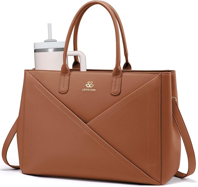 LOVEVOOK Laptop Tote Bag for Women with Large Cup Holder, 16 Inch PU Leather Work Bag Teacher Tote Bag, Waterproof Computer Bags Business Office Briefcase Handbag
