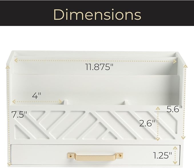 BLU MONACO | White Wooden Desk Organizer & Mail Organizer with Drawer & Gold Handle | Mail Sorter Countertop | 6 Compartments | White Desktop Organizer for Desk
