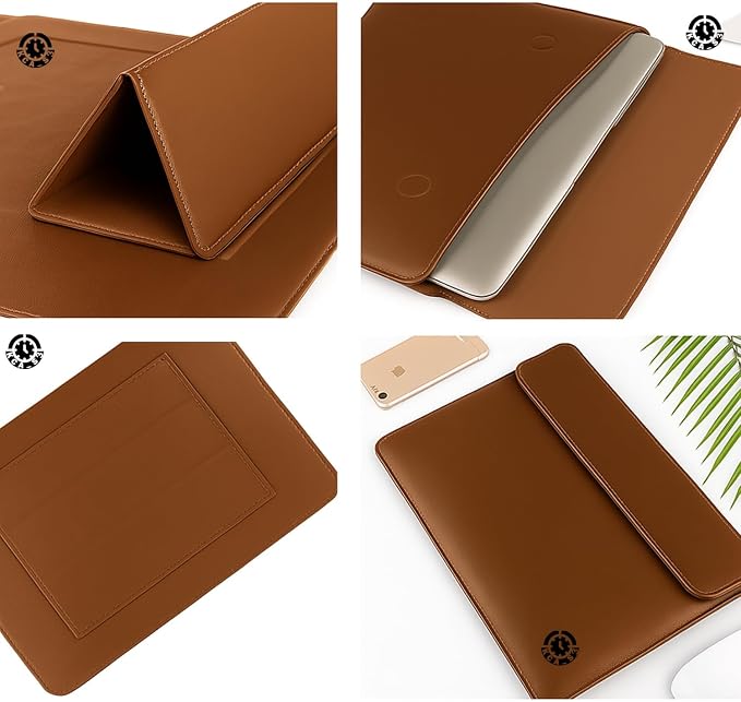 Brown Premium Laptop Sleeve 14-15.6 Inch ONLY MacBook Pro Air 15 Dell XPS HP Envy Lenovo ThinkPad Surface Waterproof PU Leather Stand Mouse Pad Business, Not for 11-13”