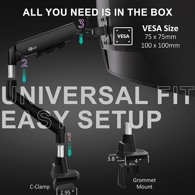 WALI Heavy Duty Single Monitor Arm for 17-49 Inch Flat Curved Ultrawide Screens, up to 33 Lbs, Adjustable Single Monitor Desk Mount for Home Office Gaming, VESA 75/100mm (GSM001XLN), Black