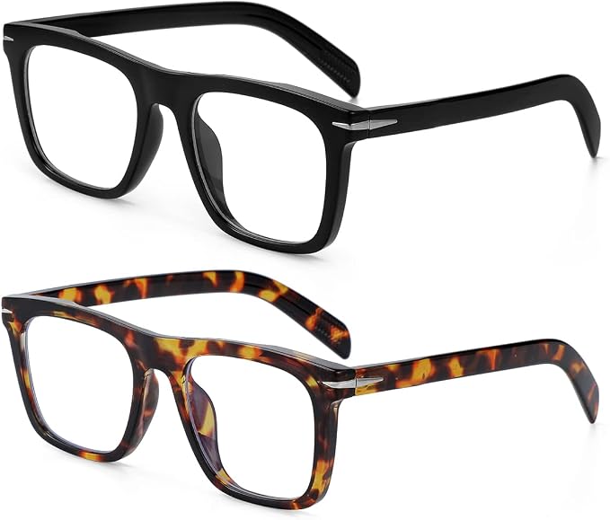 Trendy Square Blue Light Blocking Glasses for Men Women, Fashion Frame Non-prescription Computer Glasses (Black+Tortoise)