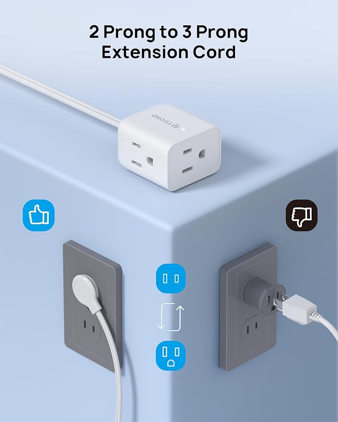TROND Indoor 2 Prong to 3 Prong Extension Cord - Polarized Flat Plug 3 Outlet Extension 6ft, 16 Gauge Cable, 1625W for Non-Ground Socket in Old House School Home Office Kitchen Travel, White