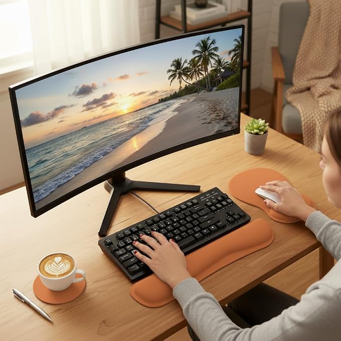 RICHEN Wrist Rest Support for Mouse Pad&Keyboard Set with Coaster,Concave Curved Memory Foam, Non-Slip Base Pain Relief Comfortable Easy Typing Pad for Home/Office (Starry Orange)
