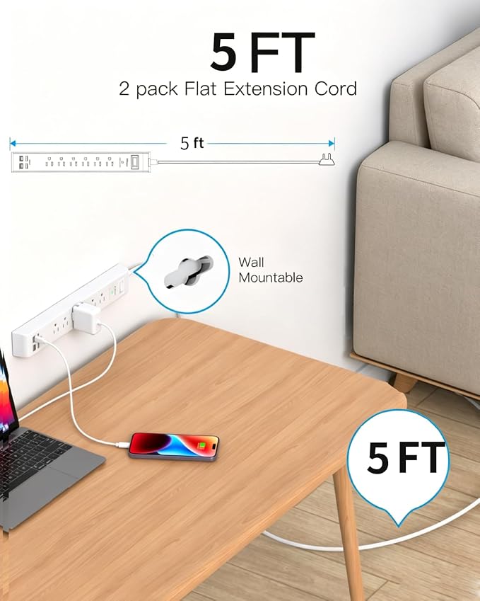 2 Pack Power Strip, 5FT Extension Cord, Surge Protector with 6 Outlets and 4 USB Ports (2 USB C), Flat Plug Overload Protection, Extension Cord with Multiple Outlets, Wall Mount for Home Dorm College