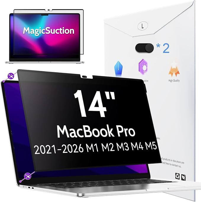 Peslv Privacy Screen for MacBook Pro 14 Inch (2021-2026, M1, M2, M3, M4, M5), MagicSuction™ Removable Anti Spy Black Protector, Glare Blue Light Filter for Mac Laptop Computer
