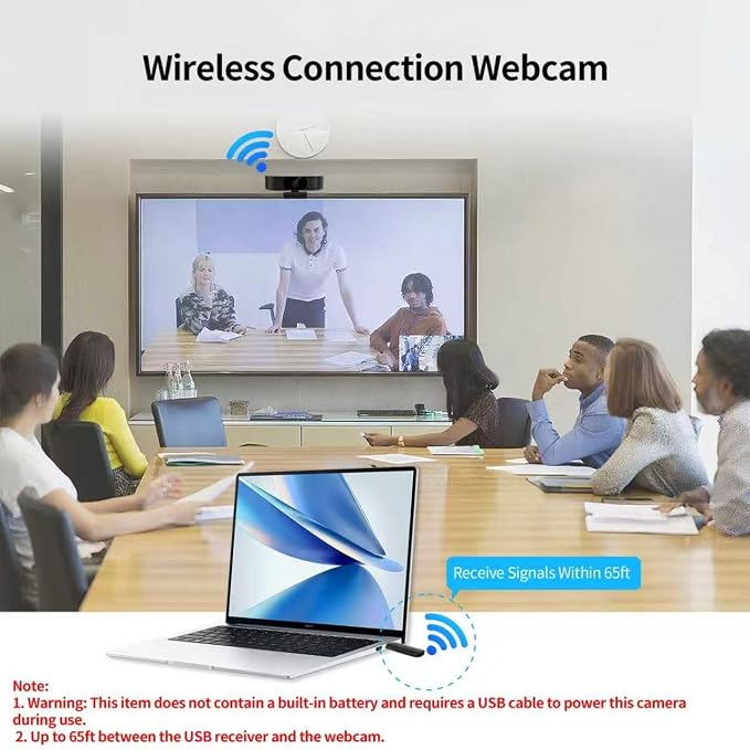 1080P Wireless Webcam for PC, Webcam with Noise-reducing Mic, 92°FOV，360° Rotation, Plug and Play, Wireless Camera Works with Skype, Zoom for Conference meetings, video calls (USB-powered Version)