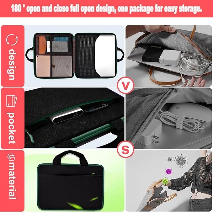 Hseok Laptop Case 13.3-14 inch Sleeve, TSA Computer Handbag Water-Resistant and Shockproof Bag Compatible with MacBook Pro/Neo 14", Mac Air/Pro 13.3" and 13"-14" Notebooks Chromebooks,Black-Green
