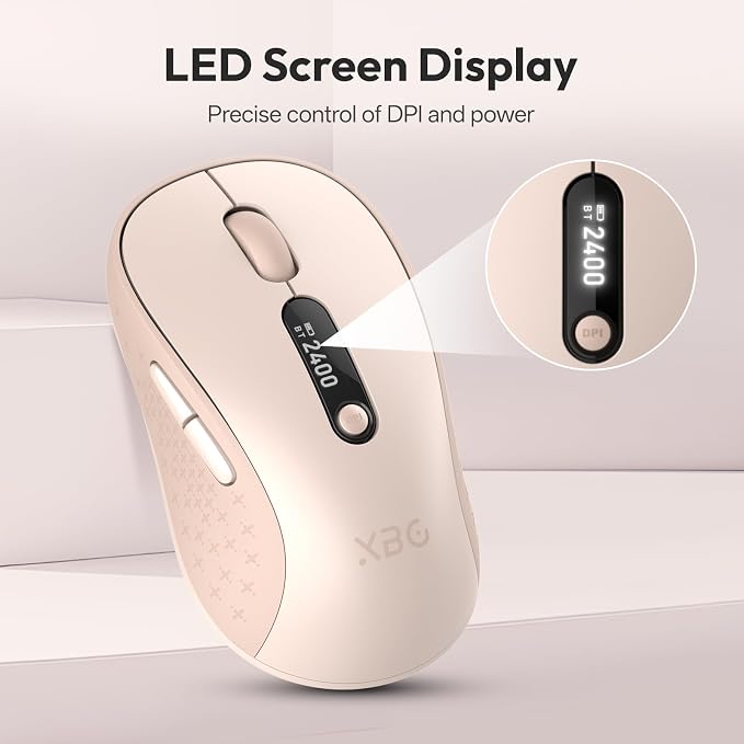 XBG B15pro Wireless Bluetooth Mouse, Bluetooth 5.0/4.0 & 2.4G Tri-Mode, Type-C Rechargeable with LED Screen Display, Ergonomic Silent Click for Laptop/PC/Tablet, Multi-Device & Office Use-Pink