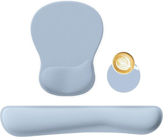 RICHEN Wrist Rest Support for Mouse Pad&Keyboard Set with Coaster,Concave Curved Memory Foam, Non-Slip Base Pain Relief Comfortable Easy Typing Pad for Home/Office (Light Blue)