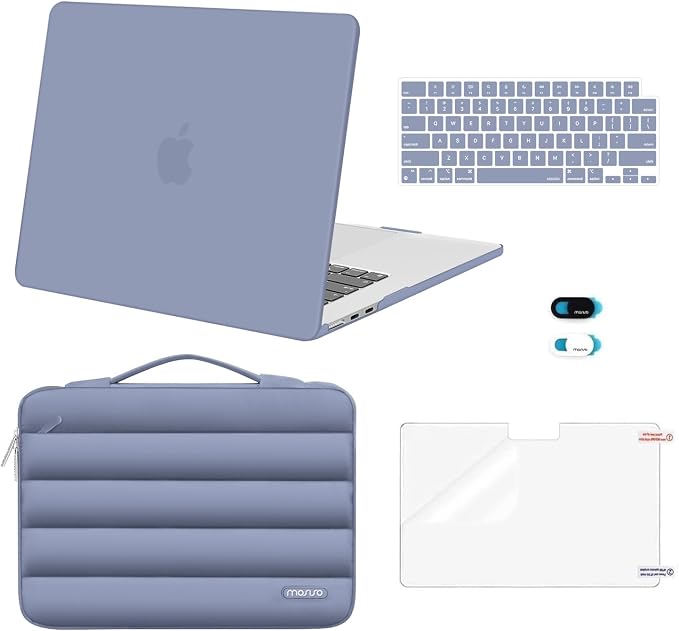 MOSISO Compatible with MacBook Air 15 inch Case M5 2026 M4 2025 M3 2024 M2 2023 A3448 A3241 A3114 A2941, Plastic Hard Shell Case&Puffy Sleeve Bag&Keyboard Skin&Webcam Cover&Screen Film, Lavender Gray