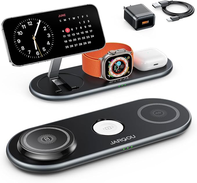 JARGOU Foldable Wireless Charger for iPhone with Magsafe Charger Stand, Fast Magnetic Phone and Watch Charger Station for iPhone 17 Air 16 15 14 13 12, for Apple Watch Charger, for AirPods