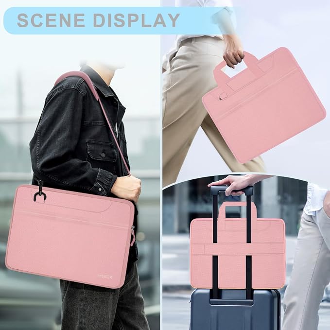 Laptop Case 15.6 inch Shoulder Bag, Durable Shockproof Protective Computer Carrying Briefcase with Multi-Pockets and Strap Compatible with Most 15.6 inch Notebooks,Pink