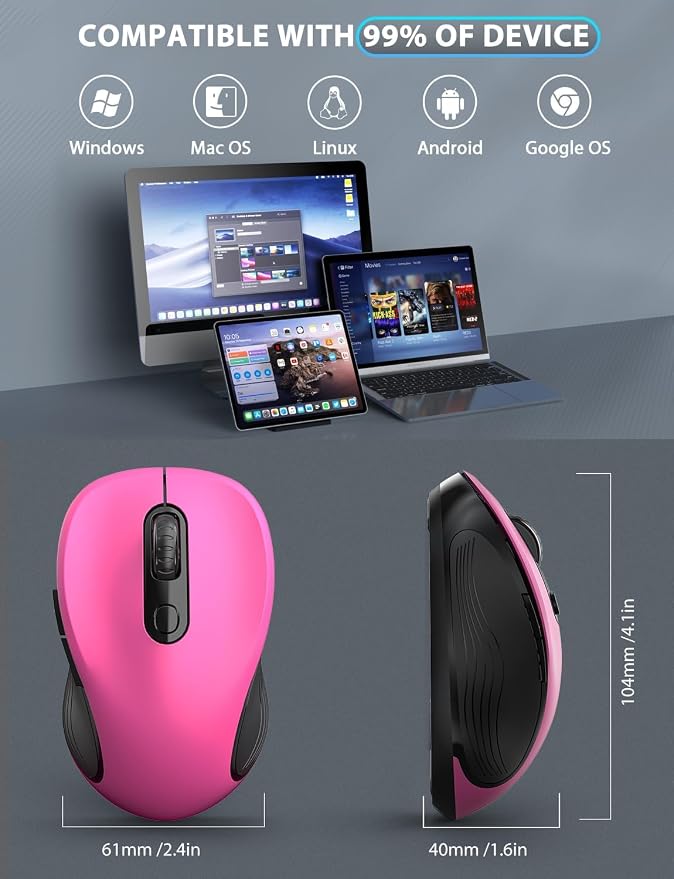 Trueque Wireless Mouse, 2.4GHz Ergonomic Mouse for Laptop & PC, Silent Portable Computer Mice with Back & Forward Buttons, USB-C Adapter for Windows/Mac, M01 (Fuchsia)