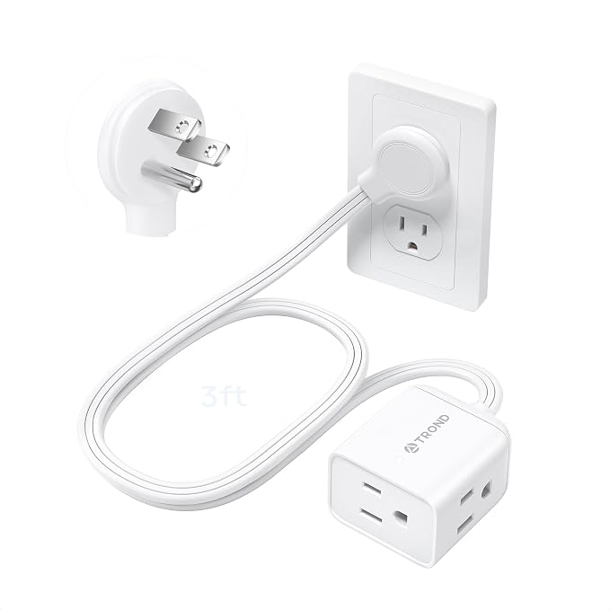 TROND Short Flat Extension Cord 3ft - Left Angled Flat Plug Power Strip, ETL Listed, 3 Plug Extension Outlets, Three Prong, 16 Gauge Wire, 13A, Small for Indoor Home Office Cruise Ship Travel, White
