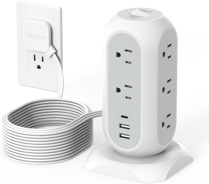 TESSAN Tower Power Strip Flat Plug with 11 Outlets 3 USB (1 USB C), Surge Protector Tower 1625W/13A,1050J Protection, 15 Feet Extension Cord with Multiple Outlets, Dorm, Office Desk Supplies, Grey