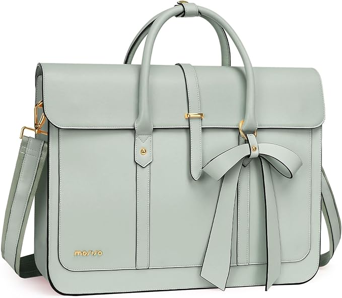 MOSISO Laptop Bag for Women, 17 inch PU Leather Laptop Shoulder Bags Convertible Backpack, 17.3 inch Messenger Bags Casual Handbag Work Briefcase Travel Computer Bag with Bowknot, Sage Green