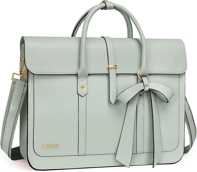 MOSISO Laptop Bag for Women, 13-14 inch PU Leather Laptop Shoulder Bags Convertible Backpack, 13.3 inch Messenger Bags Casual Handbag Work Briefcase Travel Computer Bag with Bowknot, Sage Green