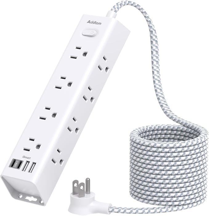 Surge Protector Power Strip - 10 FT Extension Cord, Power Strip with 12 Widely AC Outlet 4 USB, Flat Plug Wall Mount Overload Protection, 1050J, Desk Charging Station for Home Office, ETL Listed,White
