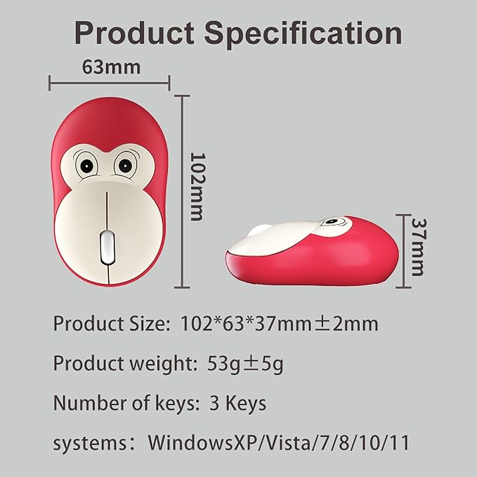 Lomiluskr Cute Monkey Wireless Mouse, Silent Mice, 2.4G Wireless Mice, Candy Colors, Kawaii Mouse for Girls and Kids (Light Blue Monkey)