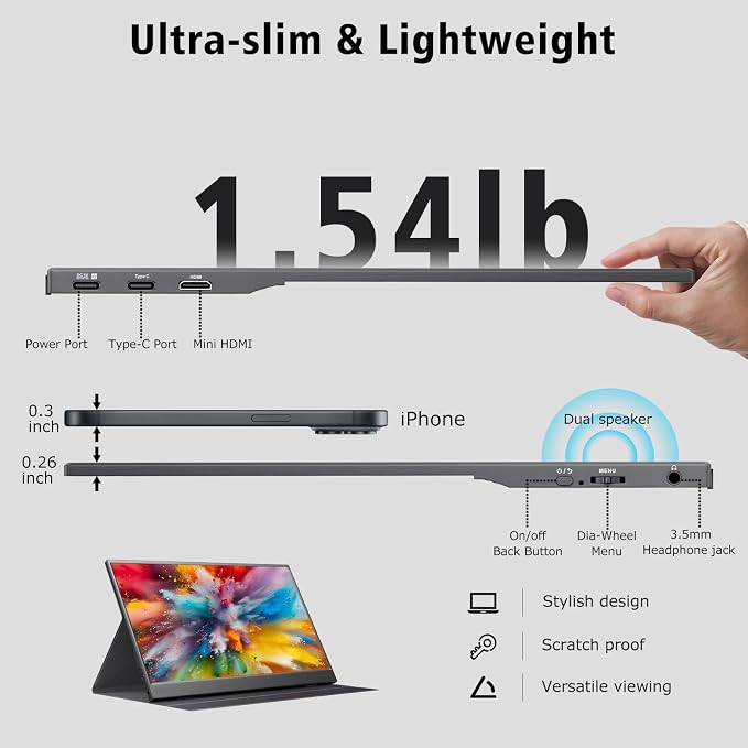 15.6 Inch Portable Monitor 1080P FHD IPS Gaming Display Monitor with USB-C & HDMI Light Weight Ultra-Slim External Second Screen with Smart Cover & Speakers for Laptop，PC, Mac, Phone, PS5, Switch