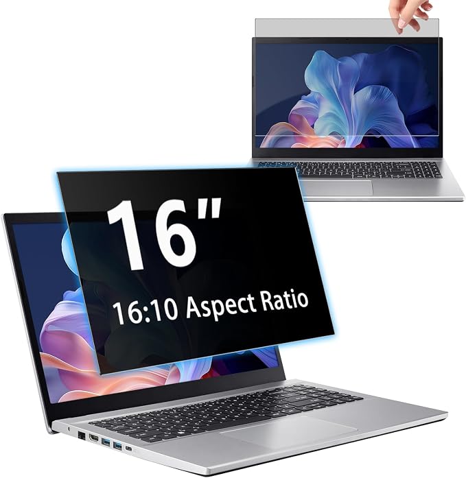 16" Privacy Screen Computer for 16:10 Aspect Ratio, 2-Sided Removable Anti-Peeping/Anti-Glare, Blue Light Block, UV Protect, Reduce Strain, Anti-Scratch, Fits 16-inch 16:10 Protector Film