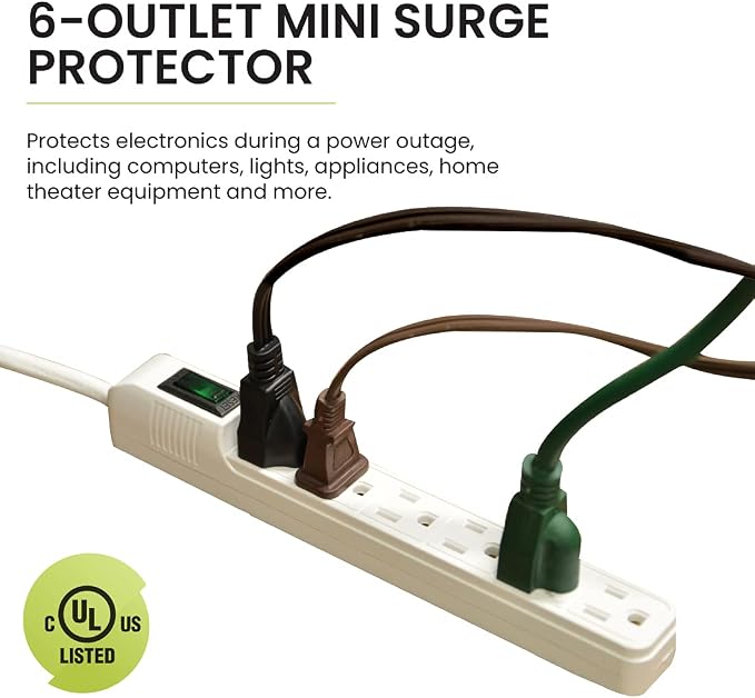 Go Green Power 6-Outlet Mini Surge Protector, 90 Joules, Circuit Breaker, Mountable, White – Ideal for Computers & Home Appliances