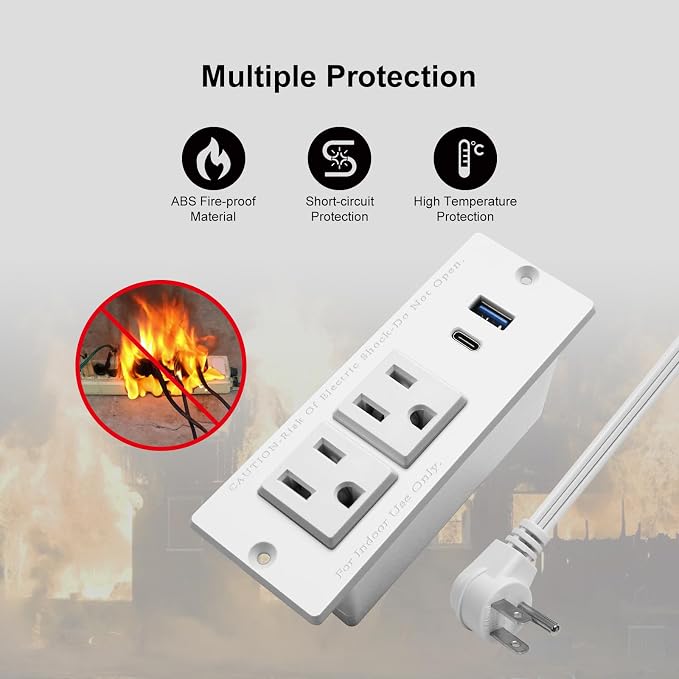 USB C Recessed Power Strip Fast Charge Desktop Power Station 2 Outlets 2 USB (PD20W & QC18W, Total 20W) Mountable Flat Plug Extension Cord Mount for Tabletop Sofa Cabinet Nightstand (USB C White)