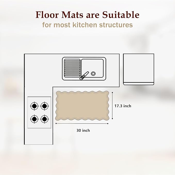 Arenarug Scalloped Kitchen Mats for Floor Cushioned Anti Fatigue Kitchen Mats Rugs Waterproof Non Slip Farmhouse Boho Floral Comfort Foam Standing Mat for Sink Laundry, White, 17.3x30
