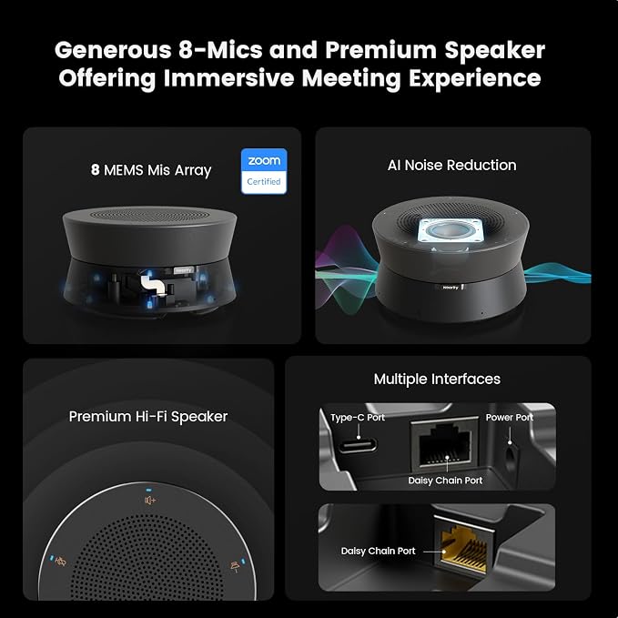Nearity A21Sx4 Zoom Certified Conference Speaker and Microphone, Speakerphone w/8 Mics, 16ft Voice Pickup, AI 2.0 Noise Cancelling, USB Speakermic with Daisy Chain, Works with Teams/Zoom