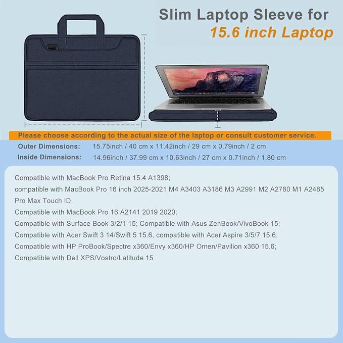 Laptop Case 15.6 inch Shoulder Bag, Durable Shockproof Protective Computer Carrying Briefcase with Multi-Pockets and Strap Compatible with Most 15.6 inch Notebooks,Dark blue