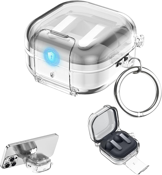 CameCosy Transparent case Compatible for Samsung Galaxy Buds 4/Buds 4 Pro 2026 with Lock Buckle & Phone Stand Function, TPU Shockproof Anti-Scratch Cover with Carabiner for Women Men, Clear