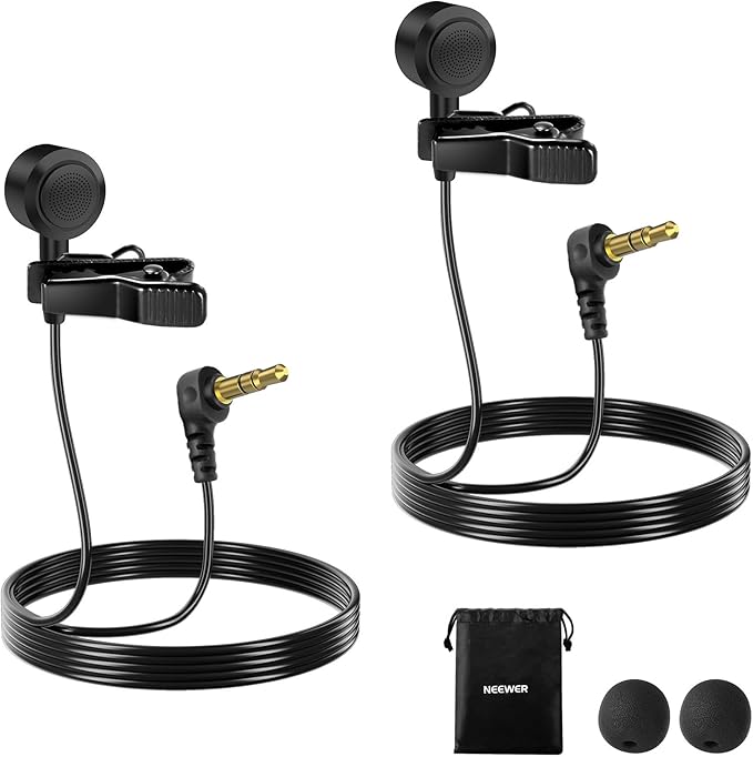 NEEWER ø9.7mm Lavalier Microphone (2 Pack), 3.5mm TRS Clip On Lapel Wired Omnidirectional Condenser Lav Mic with 1.5m Cable & Windscreen for Video Recording, Vlogging, Filming, LM10