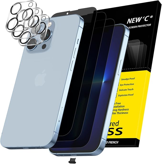 NEW'C 3x Privacy for iPhone 13 Pro Screen Protector (6.1 inches)+ 3x Camera Lens Protector, Sensor Protection,Case Friendly Tempered Glass Film + Dust Plug- Enhanced Privacy Angle of 28 Degrees