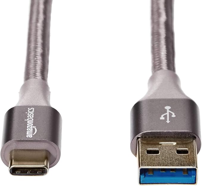 Amazon Basics USB-C to USB-A 3.1 Gen 1 Fast Charger Cable, Double Braided Nylon Cord, 5Gbps High-Speed for Apple iPhone 16/15, iPad, Samsung Galaxy, Tablets, Laptops, 10 Foot, Dark Gray (Pack of 2)