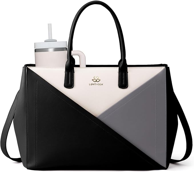 LOVEVOOK Laptop Tote Bag for Women with Large Cup Holder, 16 Inch PU Leather Work Bag Teacher Tote Bag, Waterproof Computer Bags Business Office Briefcase Handbag