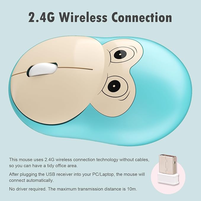 Lomiluskr Cute Monkey Wireless Mouse, Silent Mice, 2.4G Wireless Mice, Candy Colors, Kawaii Mouse for Girls and Kids (Light Blue Monkey)