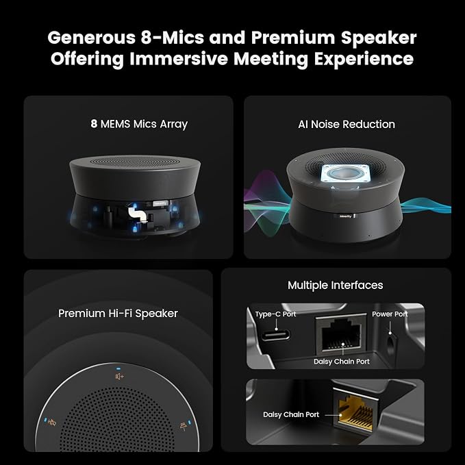 NEARITY A20S Conference Speaker and Microphone, USB Speakerphone w/8 Mics, 16ft Voice Pickup, AI 2.0 Noise Cancelling, USB Speakermic with Daisy Chain, Works with Microsoft/Teams/Google Meet