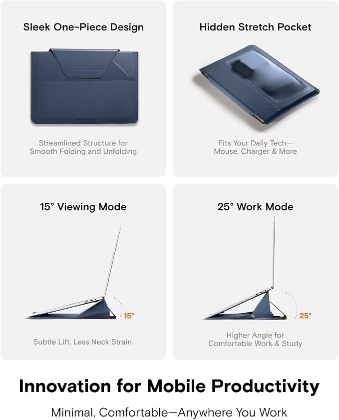 MOFT Laptop Carry Sleeve, 2-in-1 Laptop Bag & Stand for 16" MacBook Air/Pro & Dell/HP/Lenovo/Asus, Stylish Slim Computer Sleeve Bag with Expandable Storage for Computer Accessories, Deep Blue