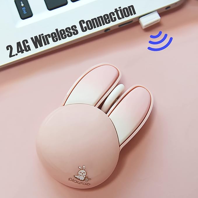 Lomiluskr Cute Bunny Wireless Mouse, Lightweight Soundless Mice, 2.4G Wireless Mice, Candy Colors, Kawaii Rabbit Mouse for Girls and Kids (Pink Bunny)
