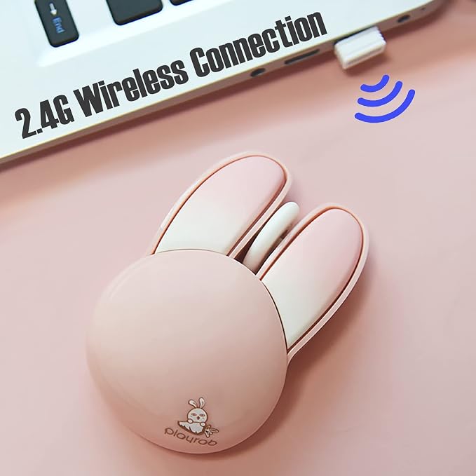 Lomiluskr Cute Bunny Wireless Mouse, Lightweight Soundless Mice, 2.4G Wireless Mice, Candy Colors, Kawaii Rabbit Mouse for Girls and Kids (Blue Bunny)
