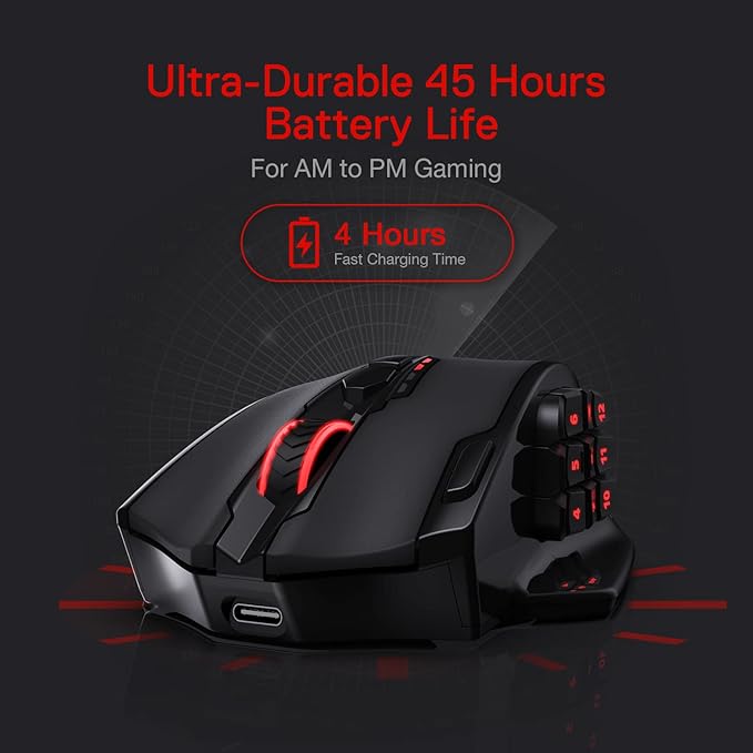 Redragon M913 Impact Elite Wireless Gaming Mouse, 16000 DPI Wired/Wireless RGB Mouse with 16 Programmable Buttons, 45 Hr Battery and Pro Optical Sensor, 12 Side Buttons MMO Mouse