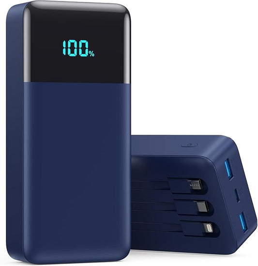 Portable Charger Power Bank 50800mAh,25W USB C Fast Charging Battery Pack with 3 Built in Cables & LED Display,6 Output 2 Input Travel Essentials Phone Charger for iPhone 17/16/15,Android etc (Blue)